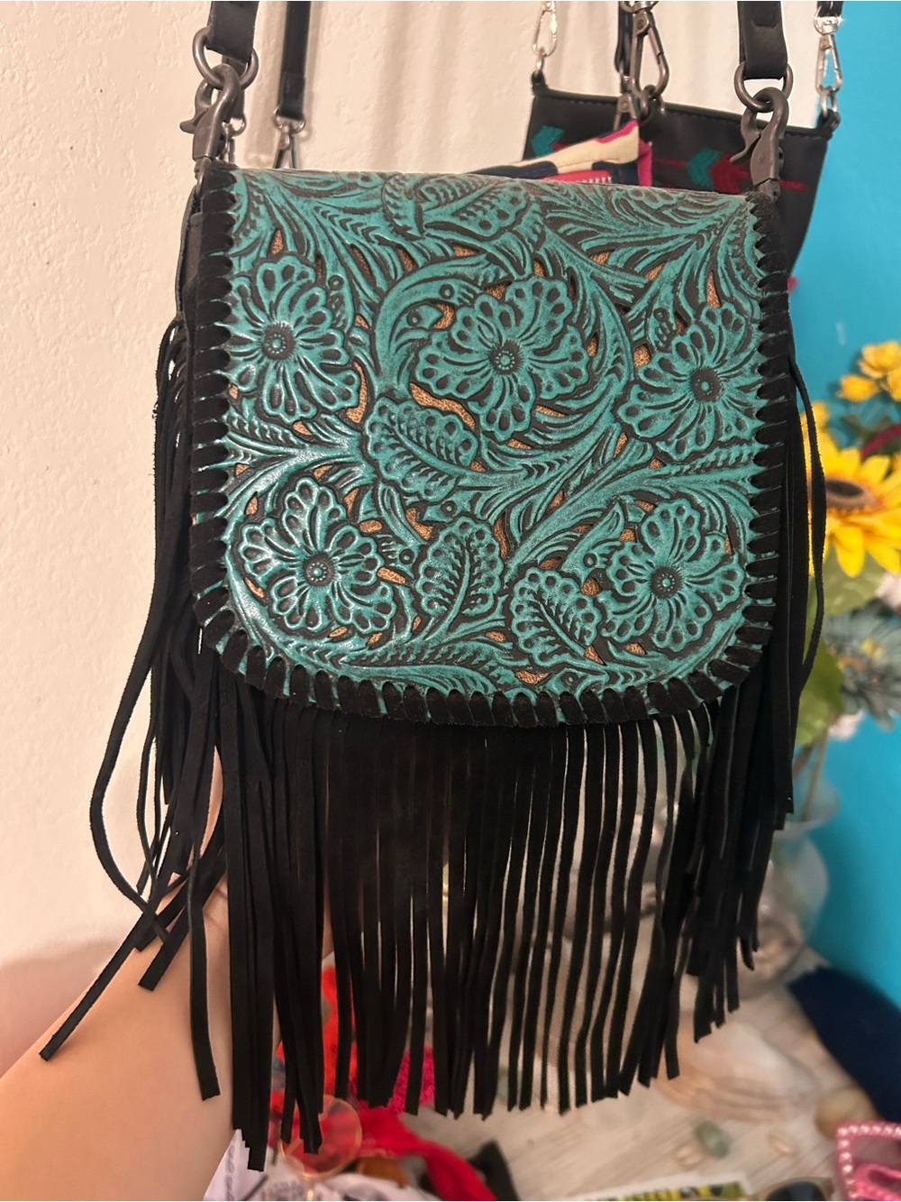 Turquoise Floral Tooled Fringe Crossbody Bag - Unbranded